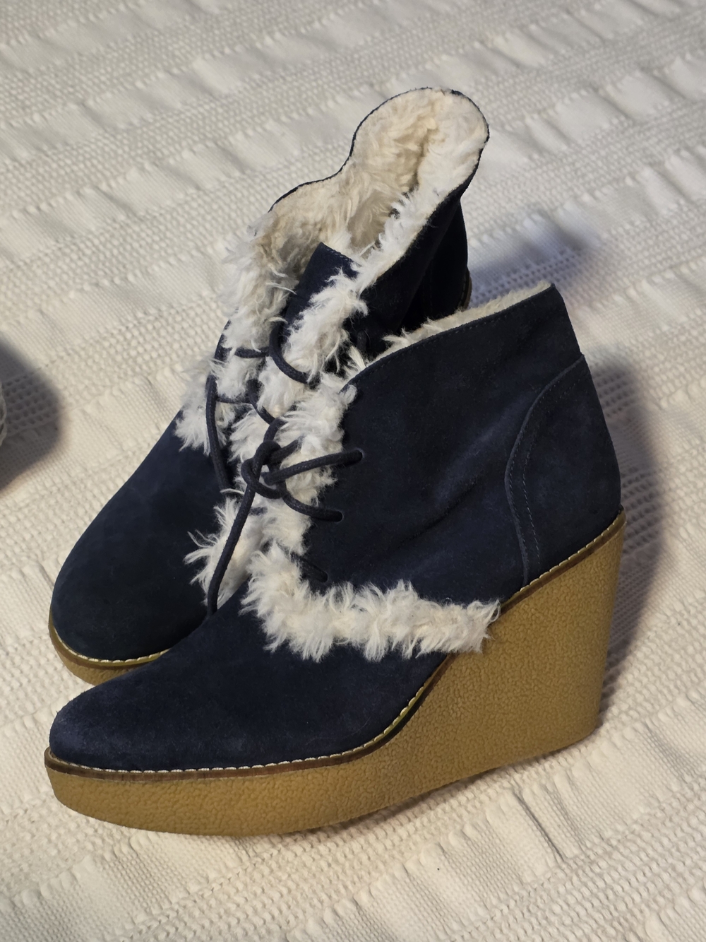 GAP Navy Suede Wedge Booties with Cream Fur Trim